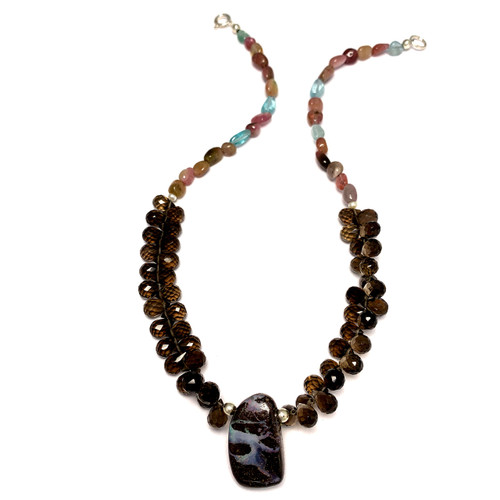 Australian Boulder Opal Leaping Dancer Necklace with Smokey Quartz and Tourmaline Pebbles