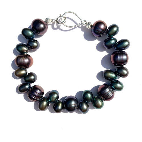 Chunky, Blue, Plum, and Green, Dancing Peacock Pearl Bracelet