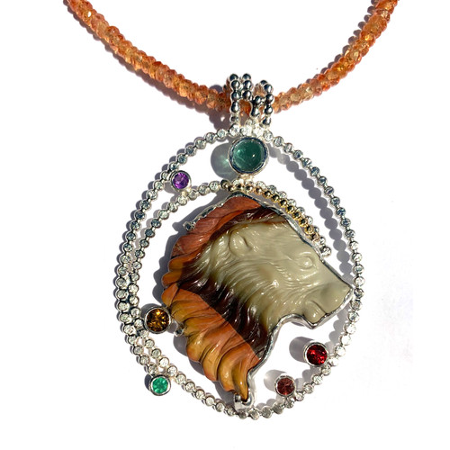 Hand Carved Ocean Jasper Lion Necklace on Orange Sapphire Faceted Beads