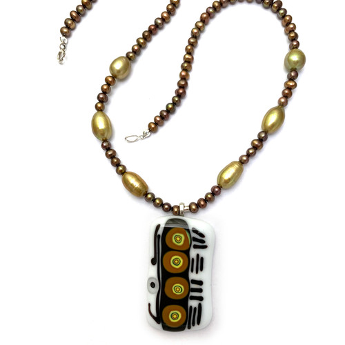 Brown, Yellow, White and Black Fused Art Glass and Color-Enhanced Pearl Necklace
