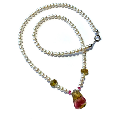 Watermelon and Rare Golden Tourmaline Necklace on Pearls