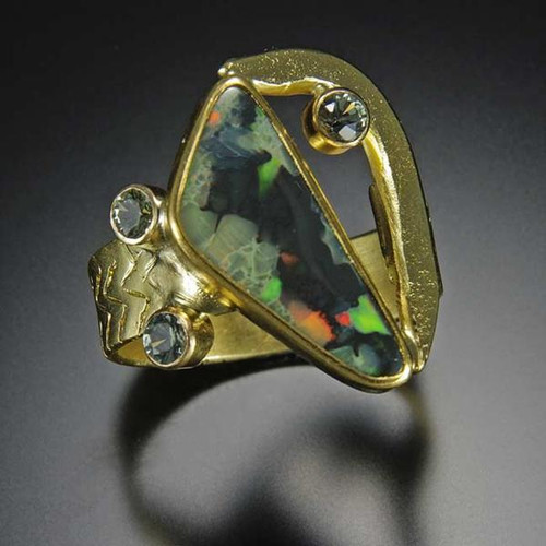 Constallations-Black Opal & Green Sapphires Ring in Gold