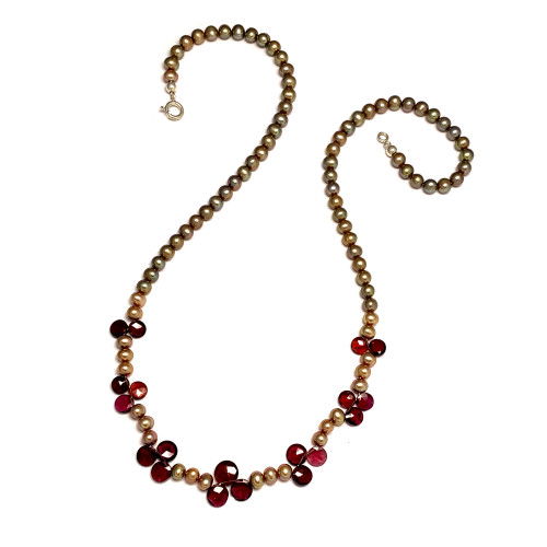 Garnet Cluster Beige Pearl Necklace