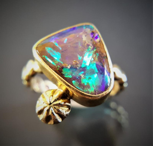 Australian Wood Opal Ring 22k and 14k gold