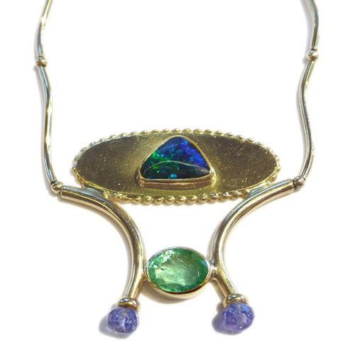 Black Opal Emerald Tanzanite Whimsy Wave Necklace in Gold