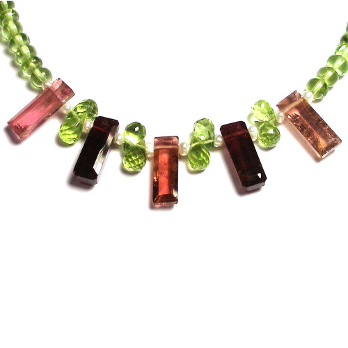 Pink Tourmaline Baguette Cut Paddle Necklace with Peridots