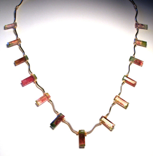 14K Gold Watermelon Tourmaline Wave Necklace Take II