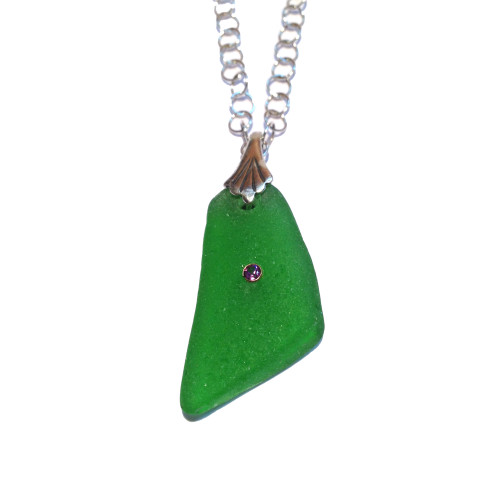 Green Sea Glass with Inset Amethyst Accent on Silver Chain