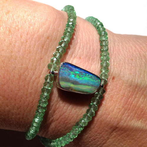 Australian Boulder Opal and Green Amethyst Double Strand Sterling Silver Bracelet