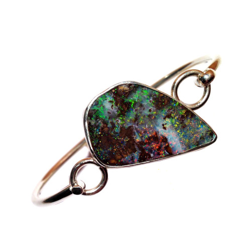 Firey Boulder Opal Bangle Bracelet in Silver