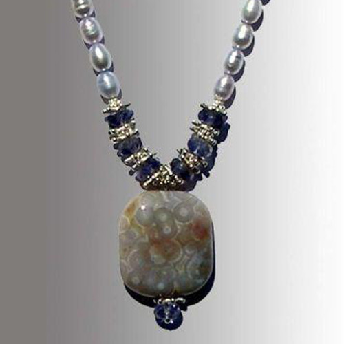 Ocean Jasper, Iolite, Pearl, and Silver Snowflake Beads Winter in Maine Necklace