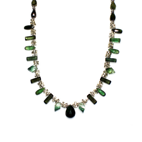 Queens Lucky Charm Necklace in Green Tourmaline and Solid Silver Stick Beads