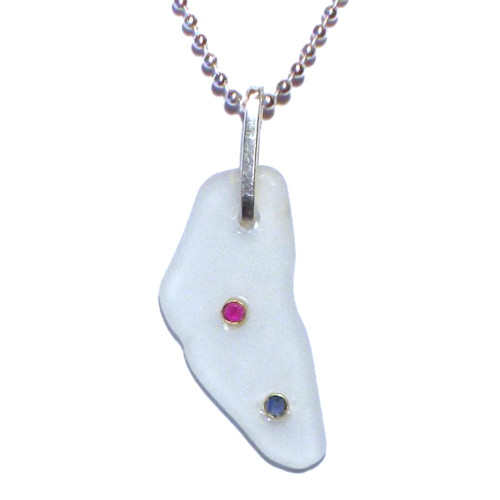 White Sea Glass Pinch Bail Necklace with Ruby and Sapphire Accent