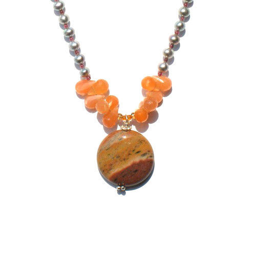 Jasper Paddle Necklace with Peach Moonstone Briolettes on Silver Pearls