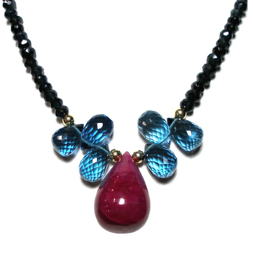 Giant Ruby Paddle Necklace with Blue Topaz Briolettes and Tourmaline Beads