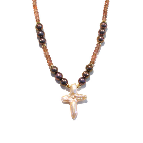 Peach Tourmaline and Cultured Cross Pearl Necklace