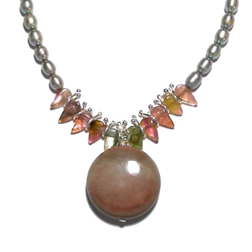 Ocean Jasper with Pastel Tourmaline Drop Paddle Necklace on Seafoam Green Pearls