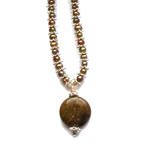 Bronze Ocean Jasper Necklace with Silver Snowflake Beads and Bronze Pearls