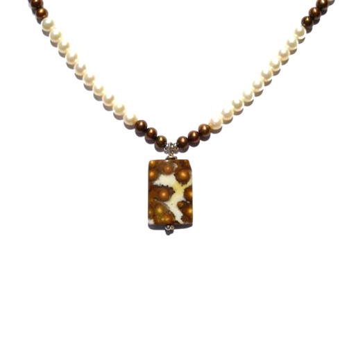 Ocean Jasper How Now Brown Cow Necklace with Bronze and White Pearls