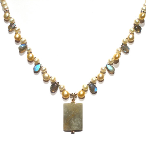 Silver and Gold; Queens Jasper Necklace with Smooth Labradorite Drops and Gold Dancing Pearls