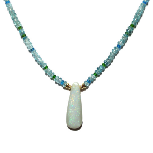 Solid Australian Semi-Black Opal Necklace with Blue Zircon Apatite and Chrome Tourmaline