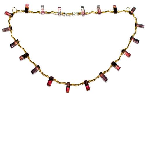 Pink and Purple Bicolor Baguette Wave Necklace in 22k Gold