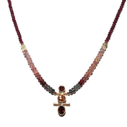 Three Stone Vertical Infinity Necklace in Pink Tourmaline Spinel and Garnets in Gold