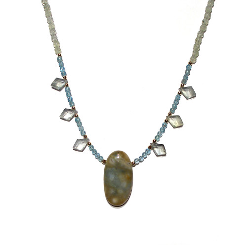 Jasper and Kite Shaped Facetted Chalcedony or Prehnite Briolette Tiara Necklace with Blue Topaz and Moss Agates