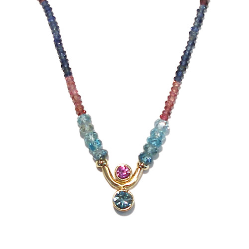Pink Sapphire and Blue Zircon Infinity Necklace on Blue Zircons and Spinels in Gold