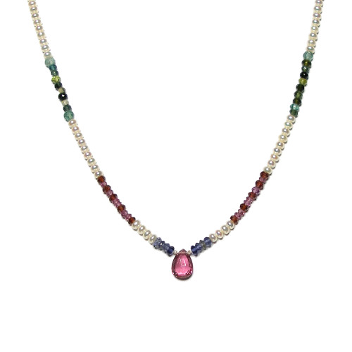 Pink Tourmaline Fancy Briolette Drop Necklace with iolite green Tourmaline Rhodolite Garnets and Pearls