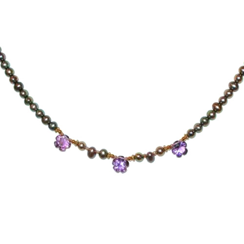 Fancy Flower Amethyst Trio Necklace on Pearls