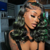 Green Black Blended Highlight Money Piece Straight Body Wave 13x4 Lace Front 4x4 Lace Closure Human Hair Wig