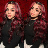 Dark Burgundy With Rose Red Skunk Highlights Straight Body Wave 13x4 Lace Front 4x4 Lace Closure Human Hair Wig