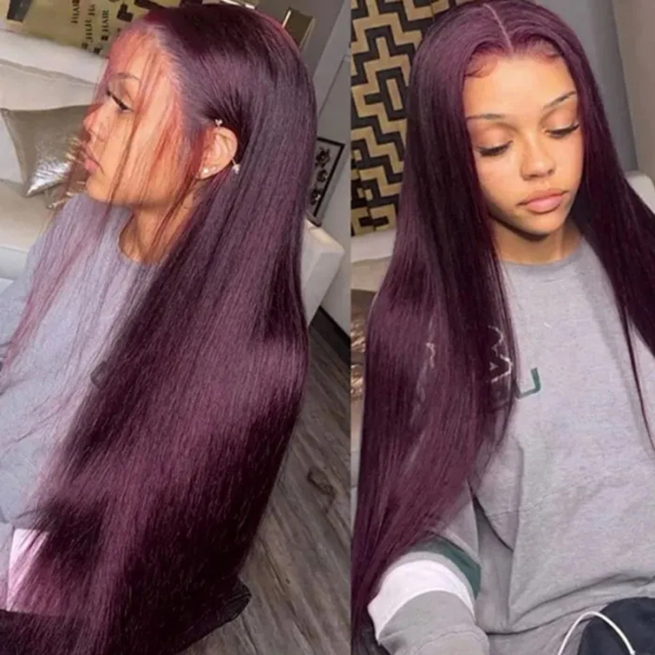 Dark Purple Plum Color Straight 13x4 Lace Front 4x4 Lace Closure Human Hair  Wig - Koha Hair