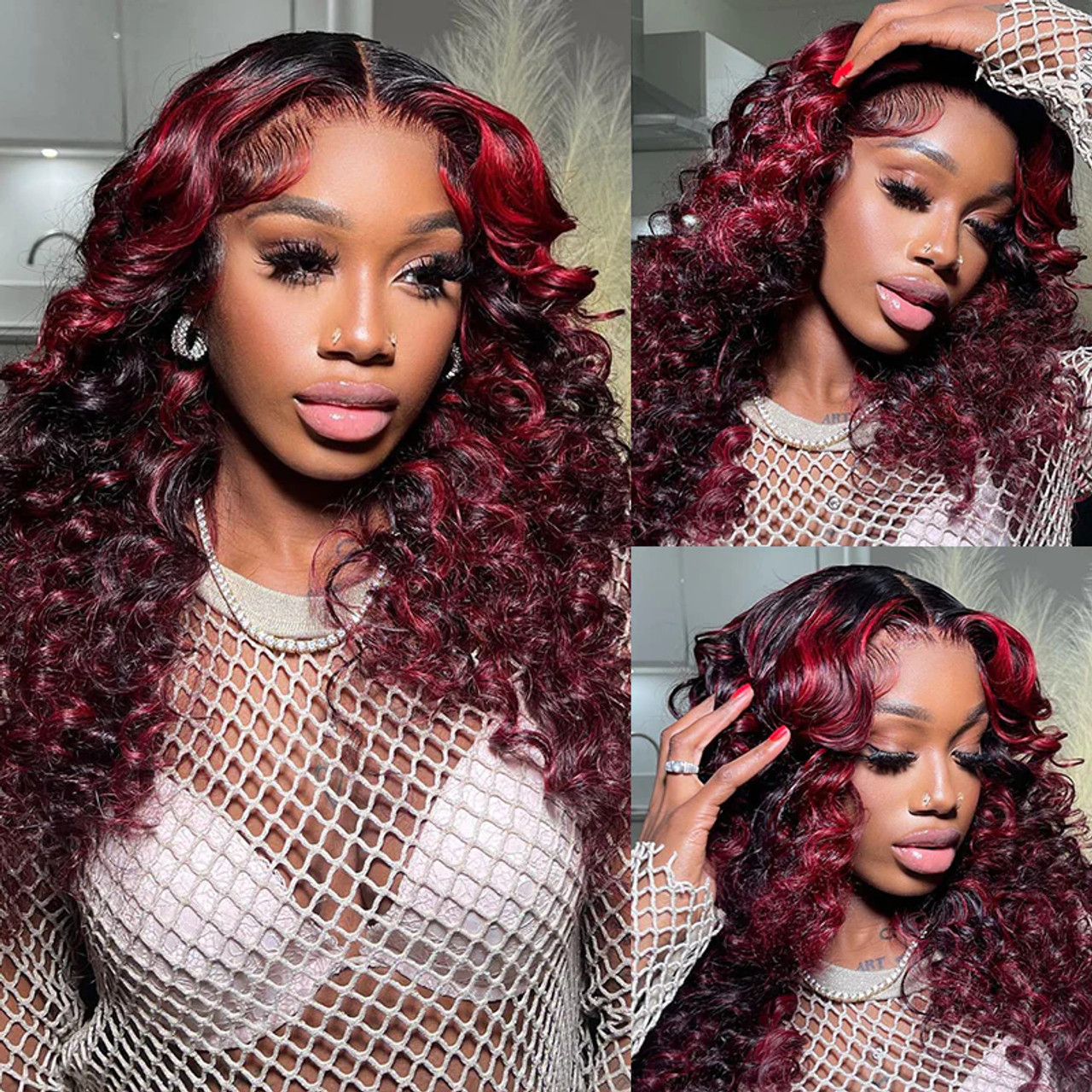 Dark Burgundy With Rose Red Skunk Highlights Deep Wave 13x4 Lace Front 4x4  Lace Closure Human Hair Wig - Koha Hair