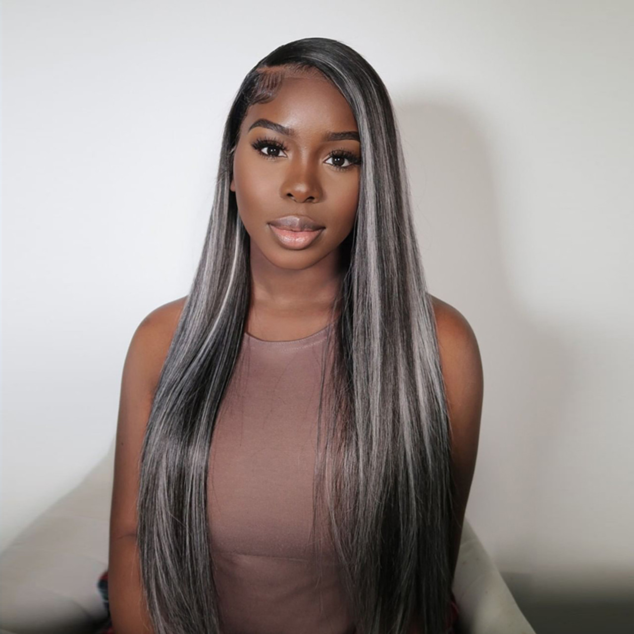 Highlight Grey Wig Human Hair Body Wave Lace Front Wig With Grey Highlights  Human Hair 4x4 Grey Highlight Lace Front Wig Human Hair Platinum Blonde  Highlight Wig For Black Women Hair 16