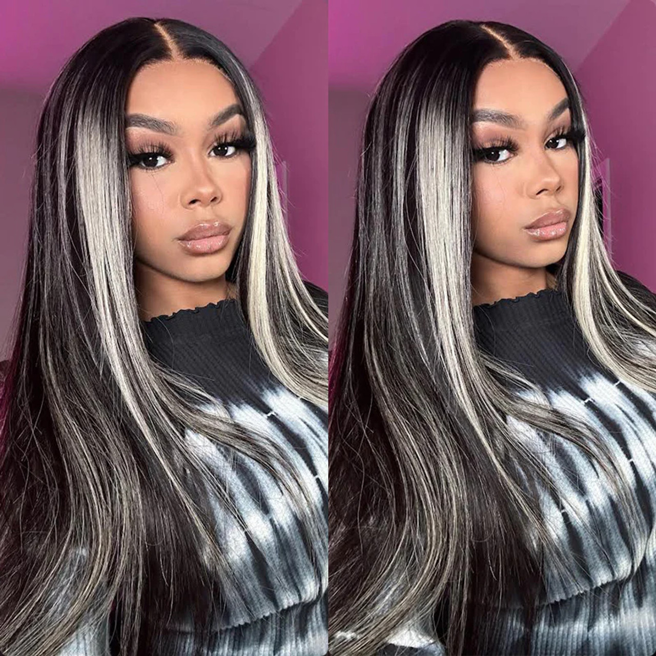 Highlight Grey Wig Human Hair Body Wave Lace Front Wig With Grey Highlights  Human Hair 4x4 Grey Highlight Lace Front Wig Human Hair Platinum Blonde  Highlight Wig For Black Women Hair 16
