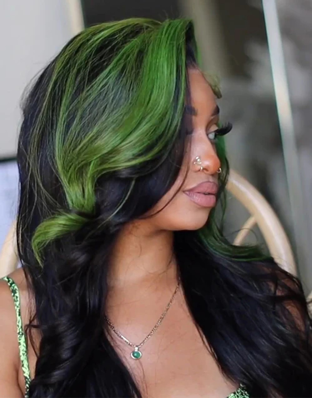 green highlights in black hair