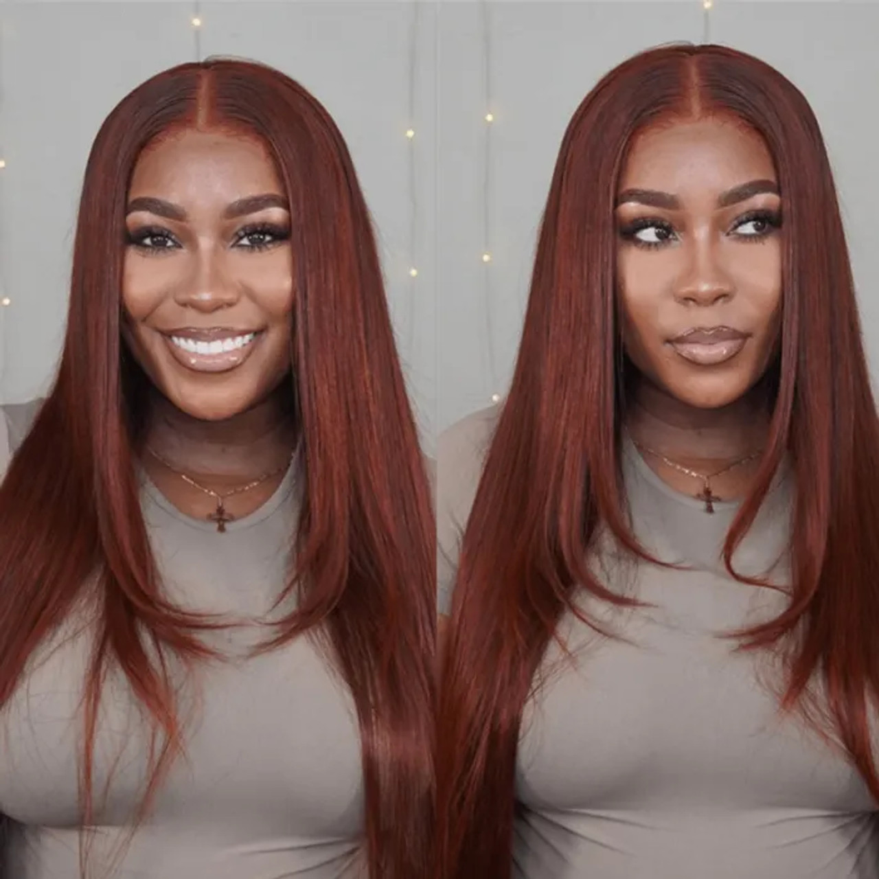 Reddish Brown #33b Layered Butterfly Feathered Wolf Cut 90s Straight 13x4  Lace Front 4x4 Lace Closure Human Hair Wig - Koha Hair