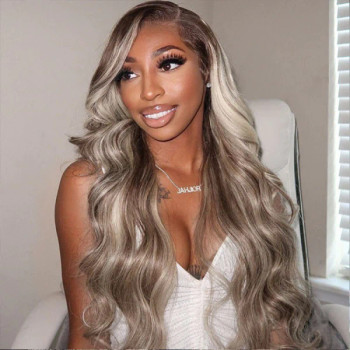 Ombre Champagne Ash Blonde Color #P18/613 Highlight Straight Body Wave 13x4 Lace Front 4x4 Lace Closure Human Hair Wig