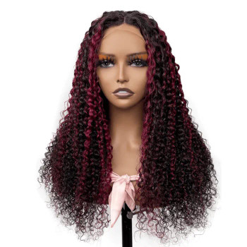 Burgundy Wine Highlight Money Piece Jerry Curl 13x4 Lace Front 4x4 Lace Closure Human Hair Wig