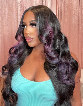 Dark Purple on Black Highlight Money Piece Straight Body Wave 13x4 Lace Front 4x4 Lace Closure Human Hair Wig