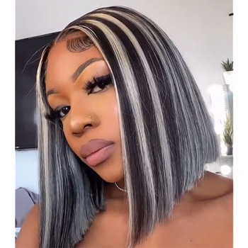 Platinum and Black Piano Highlight Straight Bob 13x4 Lace Front 4x4 Lace Closure Human Hair Wig