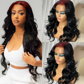 Red Root Skunk Stripe Highlight Straight Body Wave 13x4 Lace Front 4x4 Lace Closure Human Hair Wig