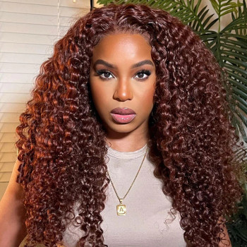 Reddish Brown Color #33b Jerry Curl 13x4 Lace Front 4x4 Lace Closure Human Hair Wig