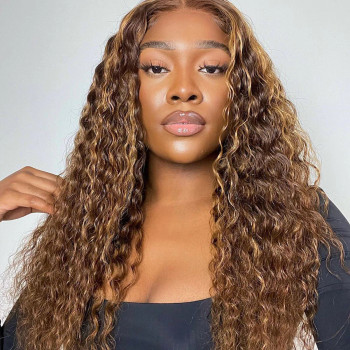 Amber Brown Honey Piano Highlights Water Wave 13x4 Lace Front 4x4 Lace Closure Human Hair Wig