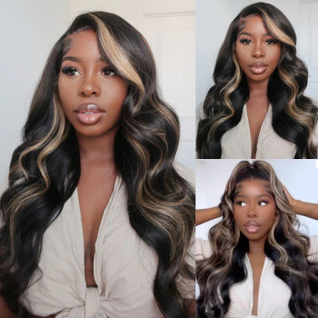 Chocolate Blonde Chunky Peekaboo Highlight Body Wave 13x4 Lace Front 4x4 Lace Closure Human Hair Wig