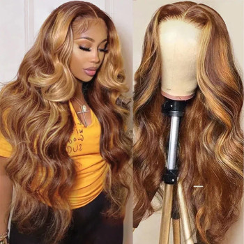 Honey Blonde Caramel Balayage Highlight Body Wave 13x4 Lace Front 4x4 Lace Closure Human Hair Wig