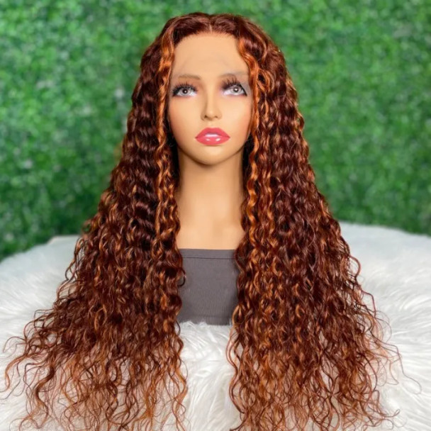 Ginger Brown Highlighted Water Wave 13x4 Lace Front 4x4 Lace Closure Human Hair Wig