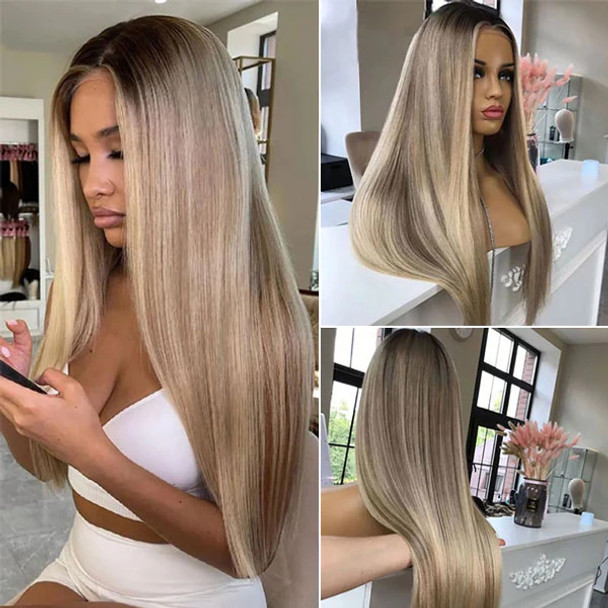 Ombre Ash Blonde Balayage Straight 13x4 Lace Front 4x4 Lace Closure Human Hair Wig